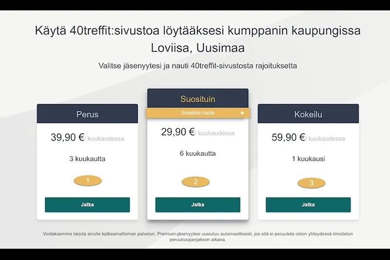 40Treffit tarjoaa useita jäsenyysvaihtoehtoja, joissa kuukausimaksut vaihtelevat 19,90 eurosta 39,90 euroon riippuen valitusta tilausajasta